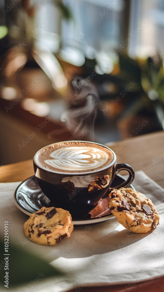 Steaming Cup of Coffee with Chocolate Chip Cookies on Table Steaming Cup of Coffee with Chocolate Chip Cookies on Table