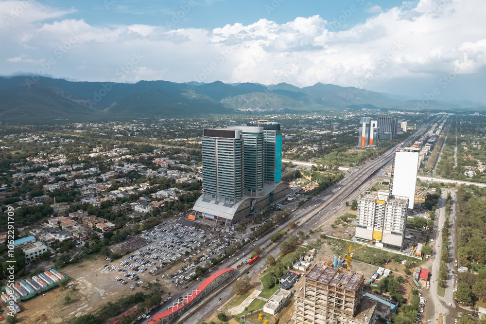 Fototapeta premium Aerial View of Centaurus Mall Islamabad with Metro Bus Station.