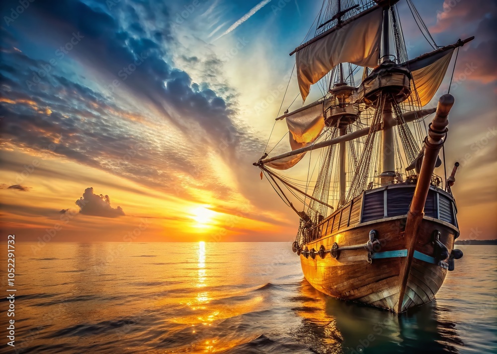Fototapeta premium Ancient Sailing Ship at Dawn, Majestic Sea View, Historical Maritime Photography, Tranquil Morning Glow, Nautical