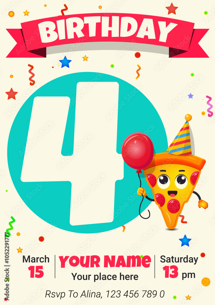 Fototapeta premium Cute greeting card with piece of pizza. Children's Happy birthday 4 years old.