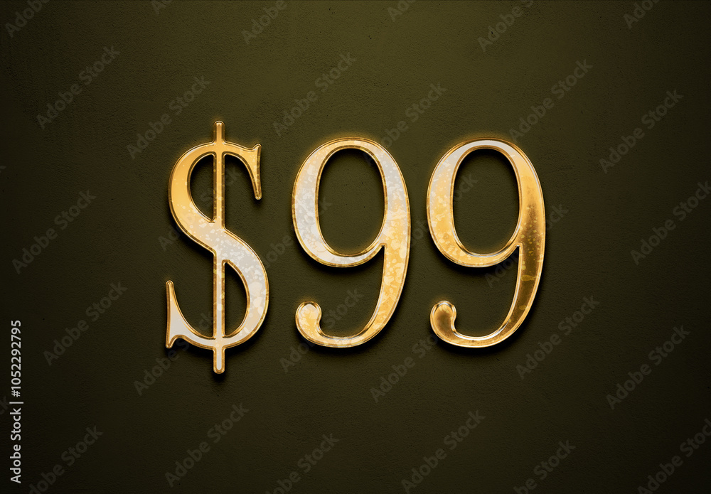 Old gold effect of 99 dollars with 3D glossy style Mockup. Old gold effect of 99 dollars with 3D glossy style Mockup.