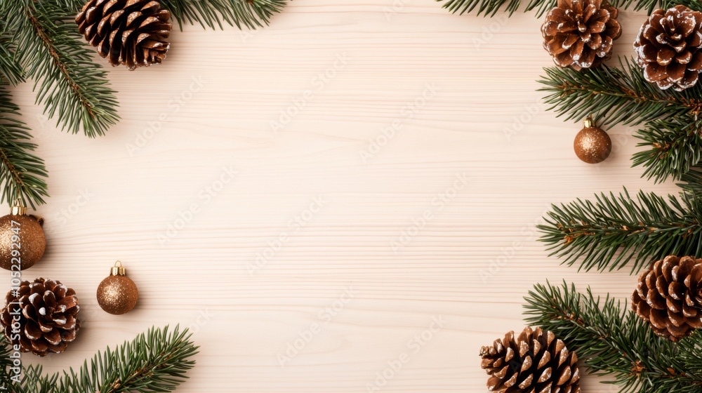 Christmas pine branches with pinecones and ornaments on wooden background