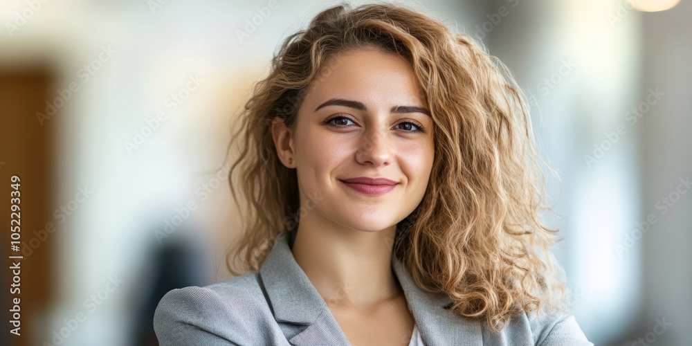 Fototapeta premium A confident woman with curly hair smiles in a modern office, highlighting her professionalism and approachability