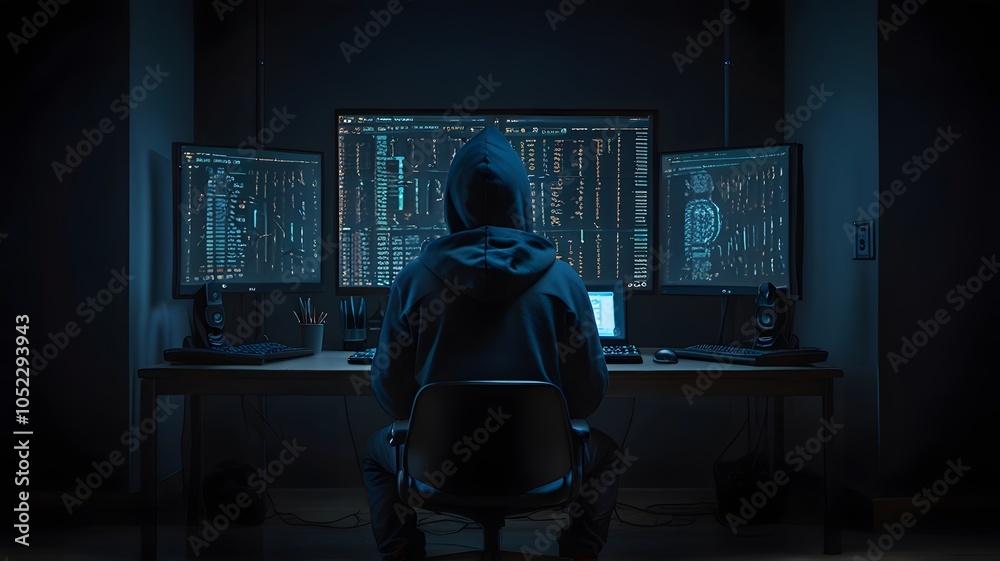hacker intently working on code, surrounded by dimly lit screens in a dark room . hacker intently working on code, surrounded by dimly lit screens in a dark room .