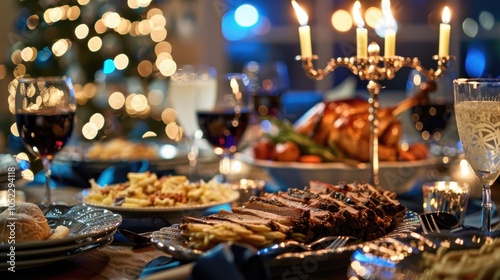 Warm Hanukkah Dinner with Traditional Foods and Glowing Menorah for Festive Celebration photo