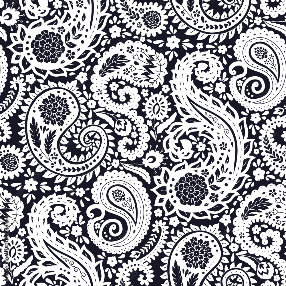 Monohcrome seamless pattern with Paisley motifs on white background. Traditional indian repeat design. Monohcrome seamless pattern with Paisley motifs on white background. Traditional indian repeat design.