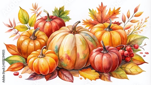 Autumn Harvest Decor with Ripe Pumpkins and Colorful Leaves for Thanksgiving Celebrations