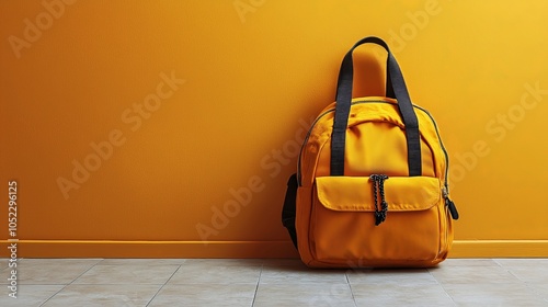 A vibrant yellow backpack rests against a bright orange wall, showcasing its design and color.