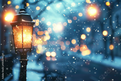 Shimmering golden bokeh lights over a snow-covered surface.