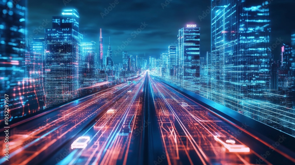 Fototapeta premium Two streets in a futuristic city, decision making. generative ai