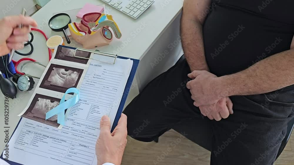 Doctor holding blue ribbon and male reproductive system