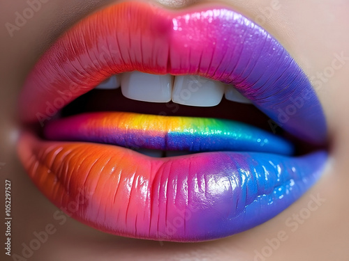 Closeup of pink, purple and blue rainbow colored lipstick and tongue abstract art photo