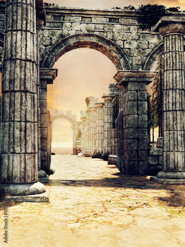 Old stone ruins in the desert landscape, with an arch and columns. 3D render. Made from 3D resources and painted elements. No AI used.