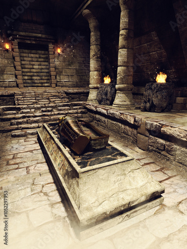 Chamber in an ancient Egyptian pyramid temple with columns, torches and sarcophagus. 3D render. Made from 3D resources and painted elements. No AI used.