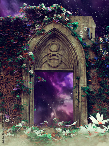 Old ruins with a fantasy magic portal with purple light, green vines and white flowers. 3D render. Made from 3D resources and painted elements. No AI used.