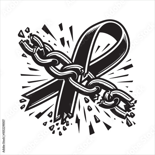 Breaking Free: A Symbol of Hope and Resilience. This powerful black and white image depicts a classic awareness ribbon interwoven with a broken chain, symbolizing the struggle for freedom, breaking fr