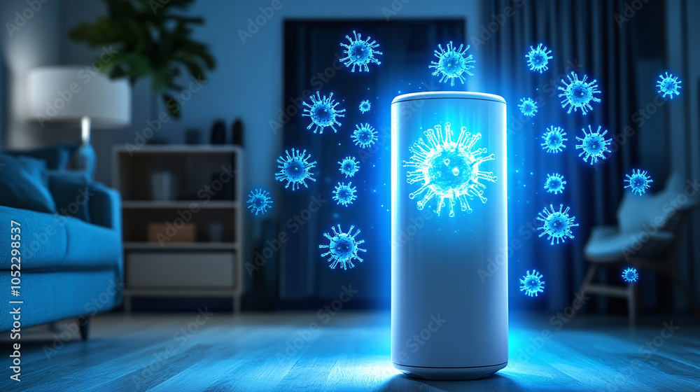 UV sterilizer device shining, with digital bacteria icons disappearing as the light passes over them UV sterilizer device shining, with digital bacteria icons disappearing as the light passes over them