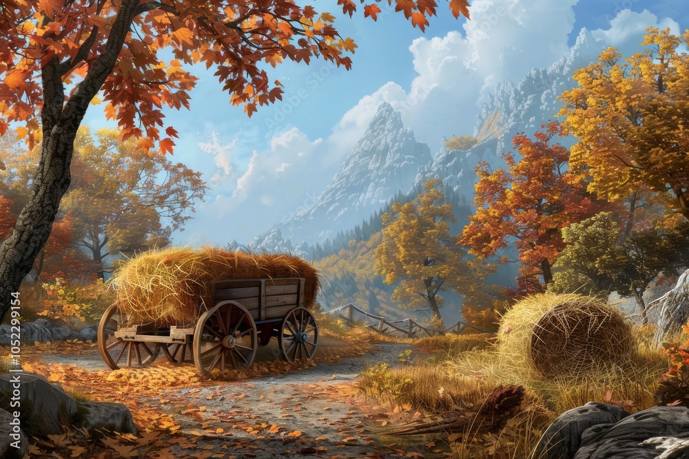 Obraz premium Autumn landscape with a hay cart in a serene mountain valley surrounded by colorful foliage and golden light at midday