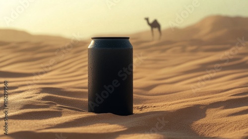 A beverage can stands alone in the soft sand of a vast desert, with a camel silhouette visible in the background as the sun sets, creating a tranquil yet striking scene of isolation.