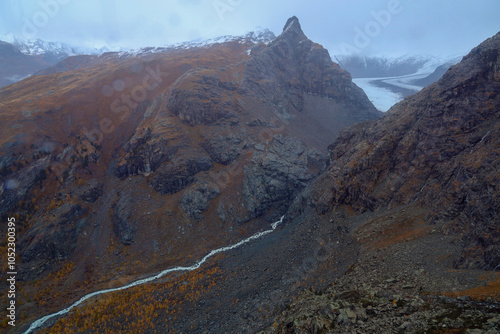 View of river and landscape furi mountain in autumn season from cable car in zermatt, swiss