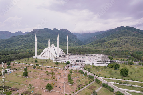 Aerial view of Faisal Mosque Islamabad Pakistan in front of Margala hills. photo