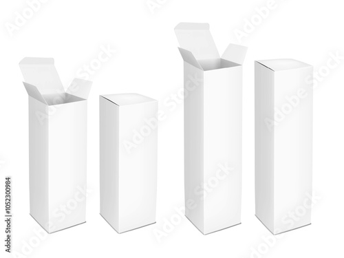 White blank tall vertical paperboard box with tuck-in flap. Open and closed. 3d mockup set. Cardboard box container. Realistic vector mock-up. Carton package. Template for design