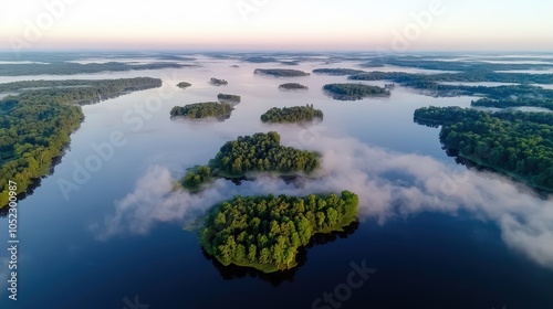 Misty Morning Sunrise Over Islands in Lacu Rosu Lake  Romania photo