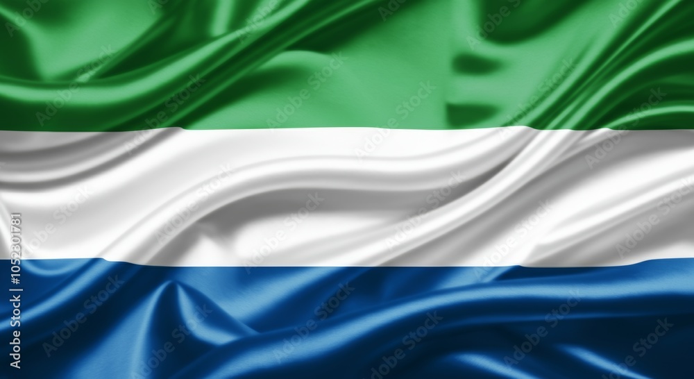 Waving Sierra Leone flag with green, white, and blue stripes. Waving Sierra Leone flag with green, white, and blue stripes.
