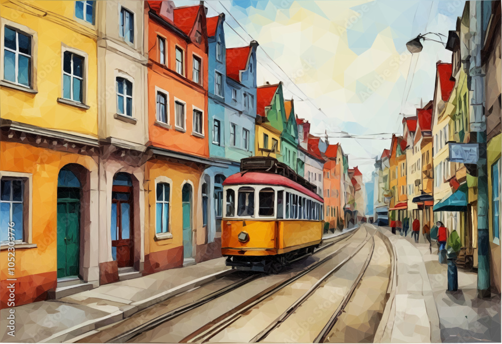 Fictitious old town with streetcar, as it can occur in Europe. Mixed media watercolor and low poly art. Fictitious old town with streetcar, as it can occur in Europe. Mixed media watercolor and low poly art.