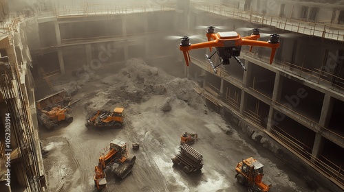 Drone robots hovering construction site surveying mapping architecture planning activities. AI generated