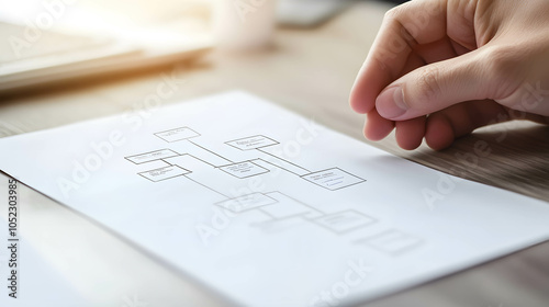 Person’s hand and business model or mind map on the table, symbolizing the beginning of strategy and planning in business.