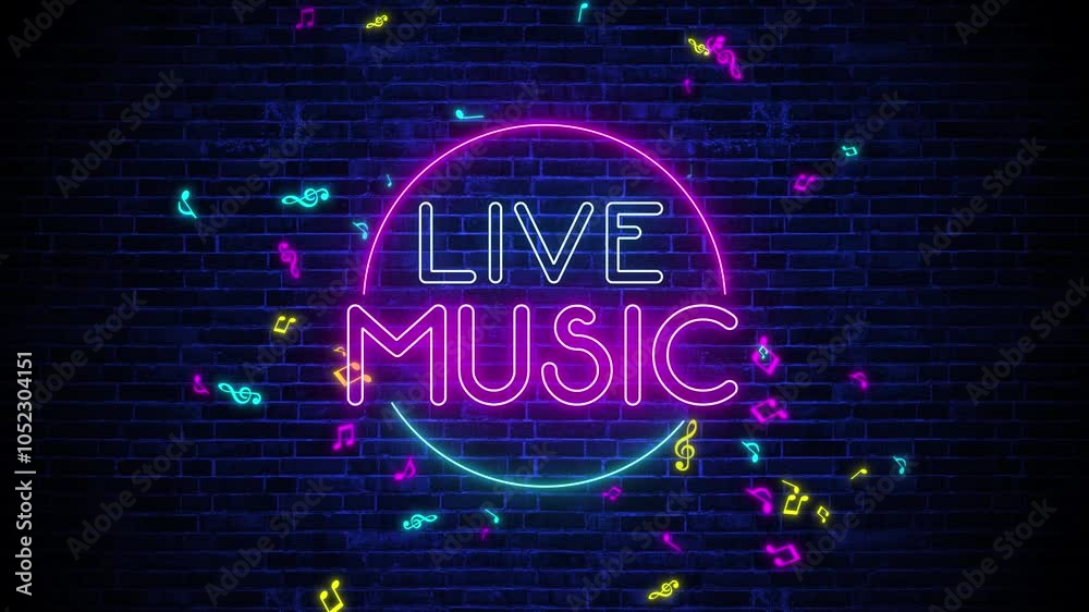 neon lights colorful live music night and music notes on brick wall background animation, bar and concert motion background	