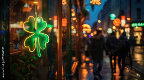 Neon Shamrock Sign in Irish Pub Window for St. Patrick's Day Celebration Scene photo