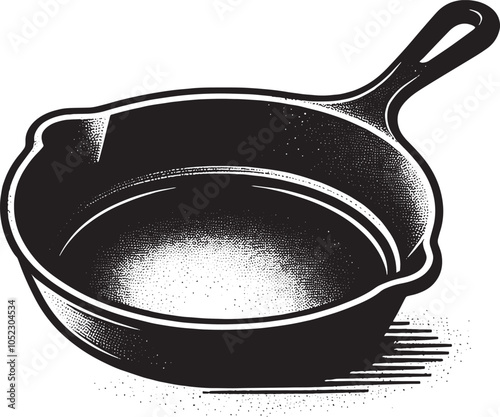 Black and White Outline Vector Illustration of a Cast Iron Pan