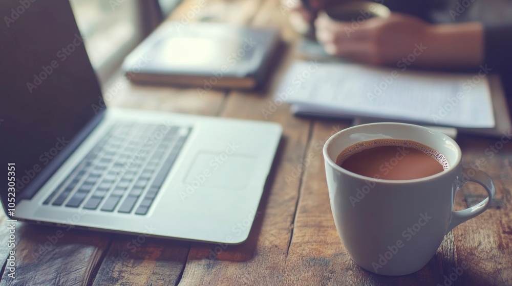 Coffee and work: A professional enjoying coffee at their desk, with a laptop and documents, illustrating the role of coffee in productivity and work routines. Coffee and work: A professional enjoying coffee at their desk, with a laptop and documents, illustrating the role of coffee in productivity and work routines.