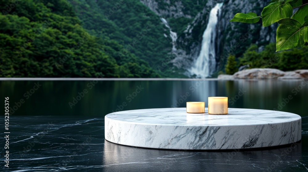 A serene marble platform on a tranquil lake, adorned with candles, set against a lush green backdrop and a cascading waterfall. A serene marble platform on a tranquil lake, adorned with candles, set against a lush green backdrop and a cascading waterfall.