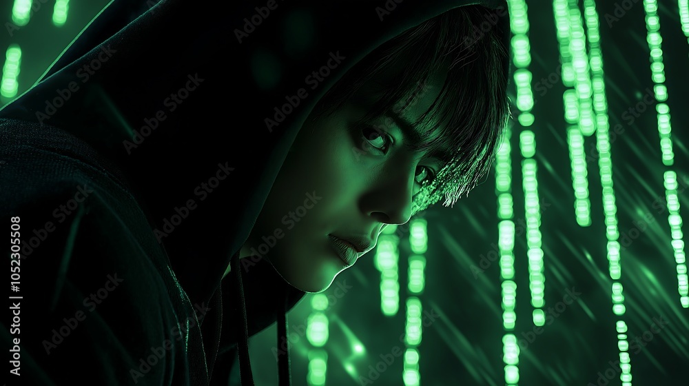 Close-up shot of a hacker wearing black hoodie with green data lines in background. Close-up shot of a hacker wearing black hoodie with green data lines in background.