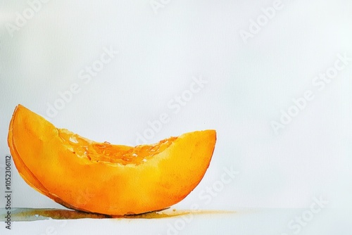 A vibrant orange melon slice rests against a minimalistic white background, highlighting its fresh and juicy texture.