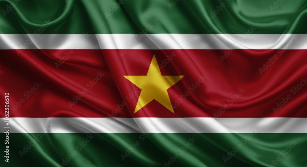 Obraz premium Suriname national flag with green, red, white stripes and yellow star.