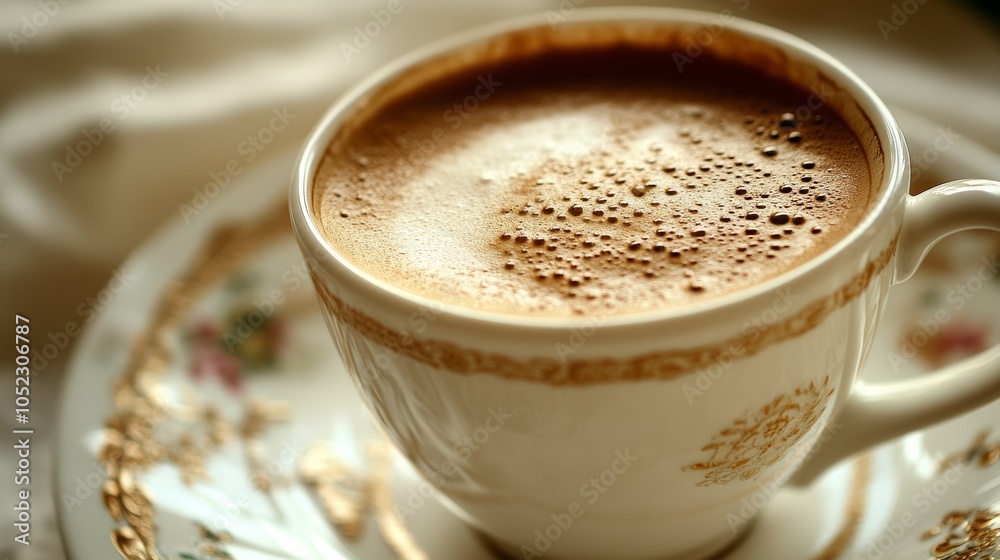 Obraz premium Coffee cup: A close-up of a classic coffee cup, elegantly styled, possibly with a subtle design, holding a freshly brewed coffee.
