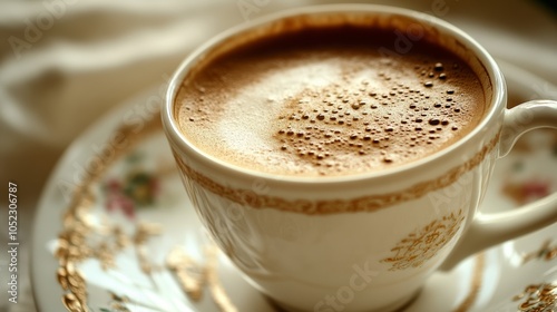 Coffee cup: A close-up of a classic coffee cup, elegantly styled, possibly with a subtle design, holding a freshly brewed coffee.