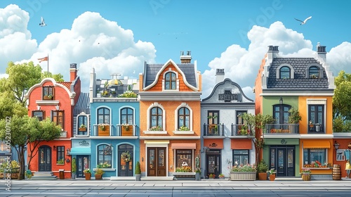 A row of colorful buildings with a blue sky in the background