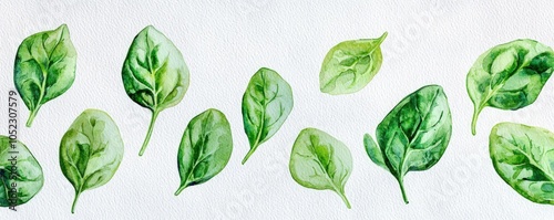 A series of vibrant, green leaves arranged neatly, showcasing various shades and textures, set against a light background.