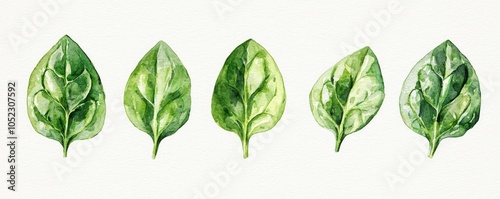 A collection of five detailed illustrations of spinach leaves, showcasing their vibrant green color and intricate textures.