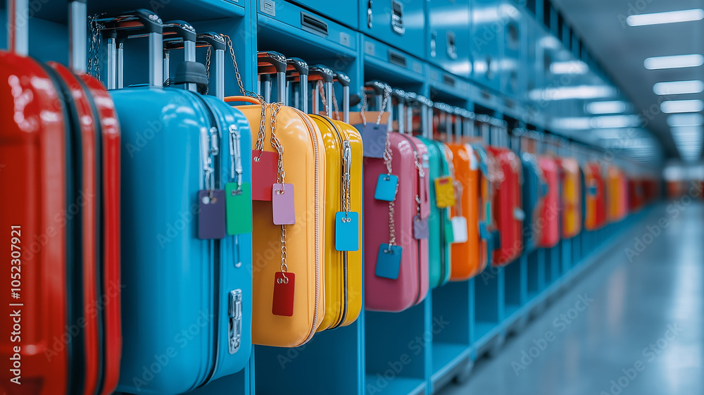 Fototapeta premium Colorful luggage lined up in lockers, showcasing vibrant travel essentials