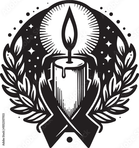 Burning Candle with Black Awareness Ribbon - Symbol of Remembrance and Hope. This poignant black and white image features a burning candle adorned with a black awareness ribbon.