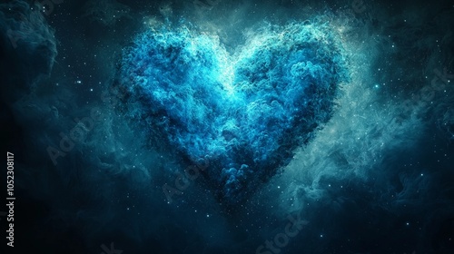 A vibrant, abstract heart shape made of swirling blue and cosmic elements.