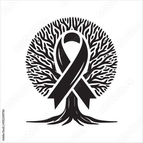 Tree of Remembrance. This striking black and white illustration features a tree of life intertwined with a black awareness ribbon, symbolizing hope, remembrance, and support for those affected by loss