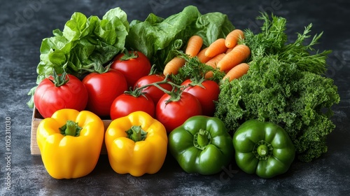 composition emphasizes the freshness and variety of the vegetables, suggesting a farm-to-table theme. The background is a soft, muted color that enhances the vividness of the produce