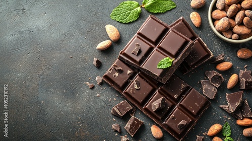 A tempting display of dark chocolate squares, almonds, and fresh mint leaves on a textured surface, evoking richness and indulgence.
